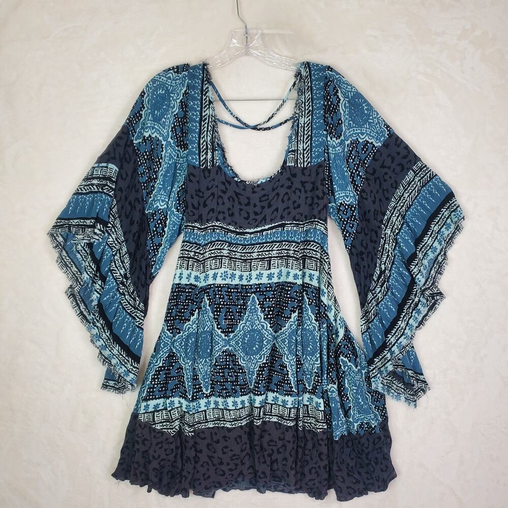 Free People Heart of Gold Mini Dress Blue Charcoal Sz Small Bell Sleeve Lined - Picture 8 of 10